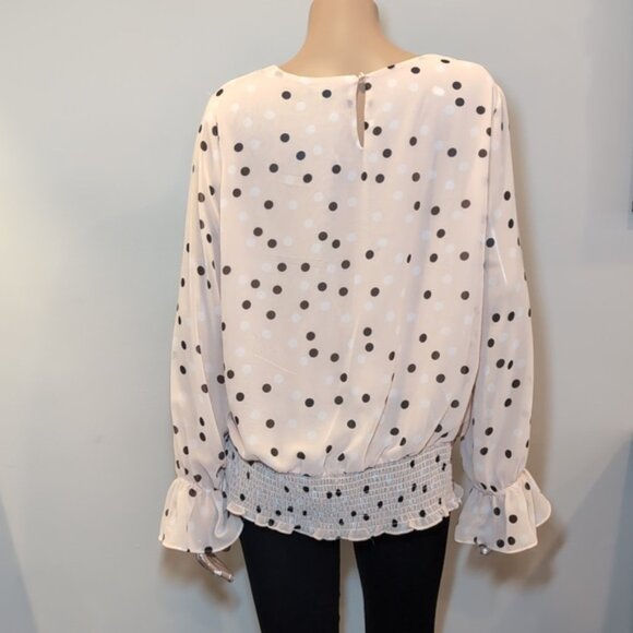 Adrianna Papell Polka Dot Blouse Sheer Layered Bell Flare Sleeve Smocked Hem Top - Picture 6 of 11